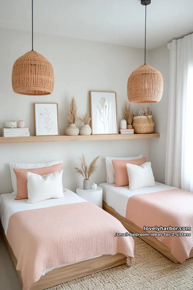 scandinavian-inspired twin beds with blush bedding and wood floating shelves 1