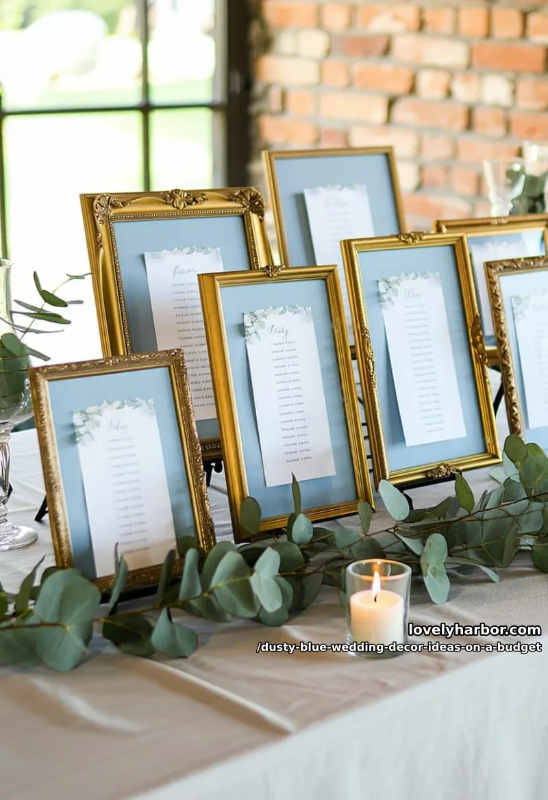 secondhand gold frames with handwritten dusty blue seating charts 1