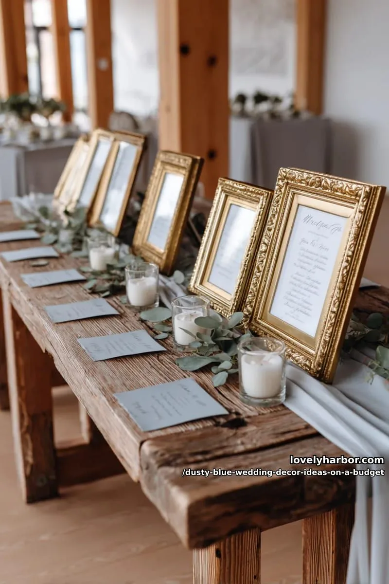 secondhand gold frames with handwritten dusty blue seating charts 1
