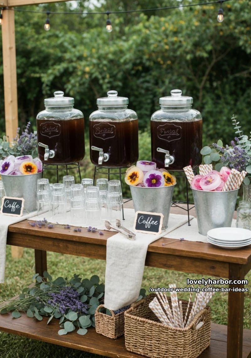 self-serve cold brew station with glass dispensers and edible flower ice cubes 1