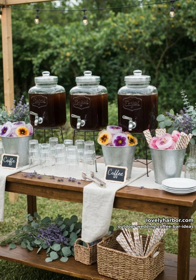 self-serve cold brew station with glass dispensers and edible flower ice cubes 1