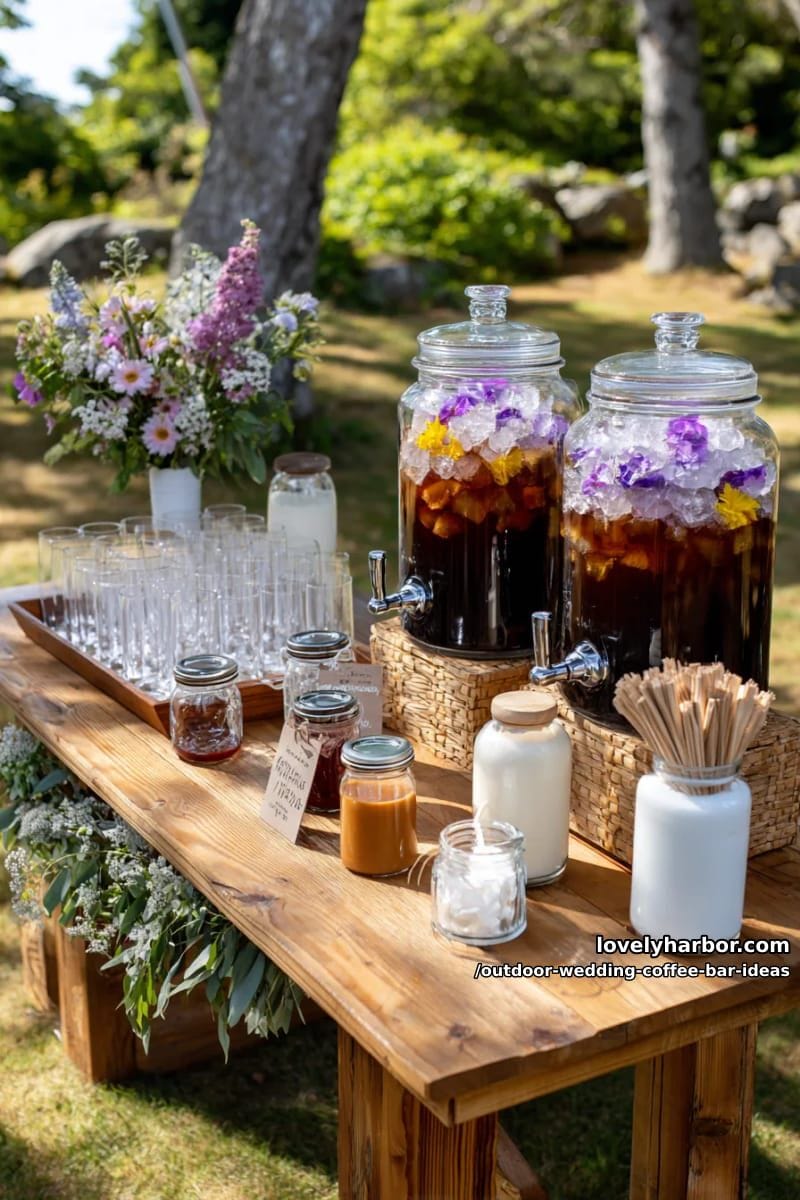 self-serve cold brew station with glass dispensers and edible flower ice cubes 1