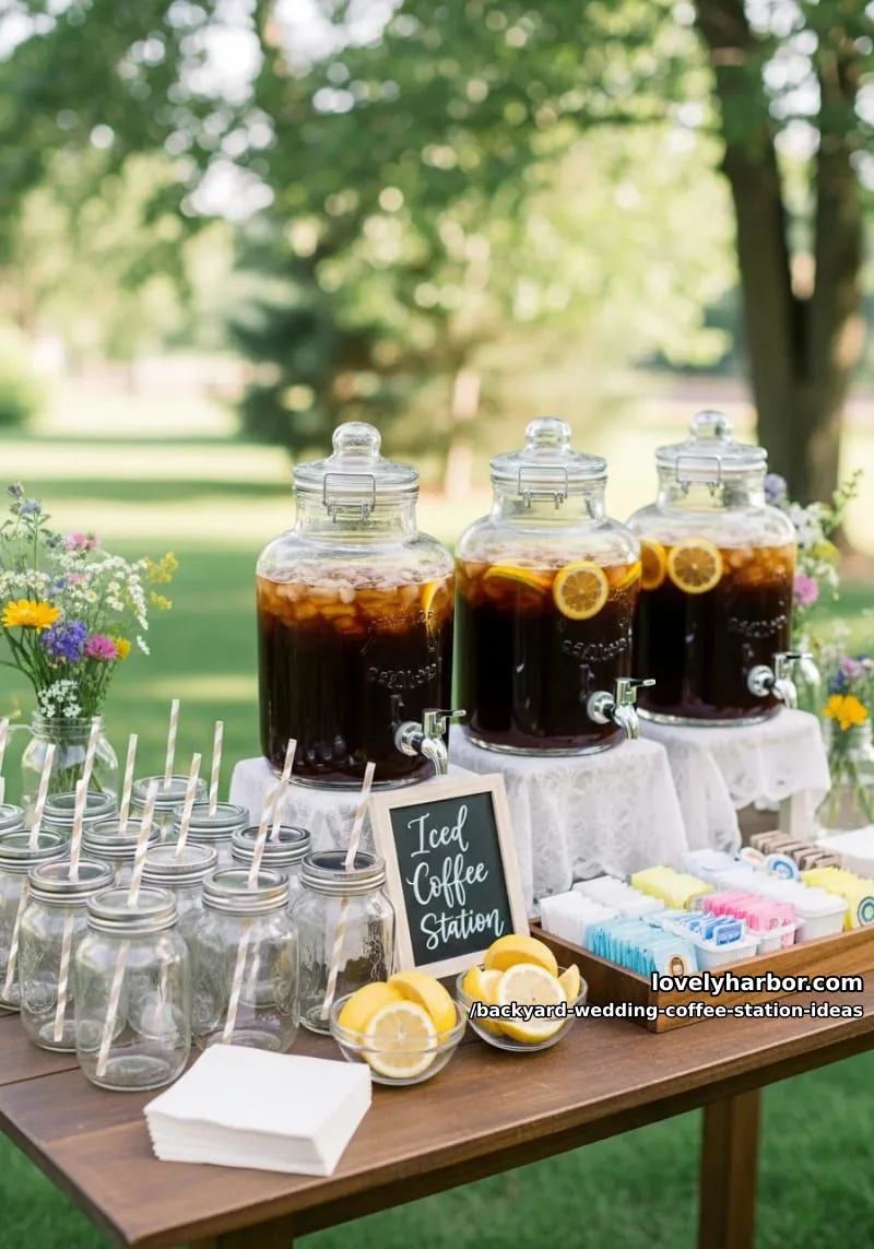 15 Backyard Wedding Coffee Station Ideas For Your Reception 12 self-serve iced coffee station with mason jars and lemon slices 1