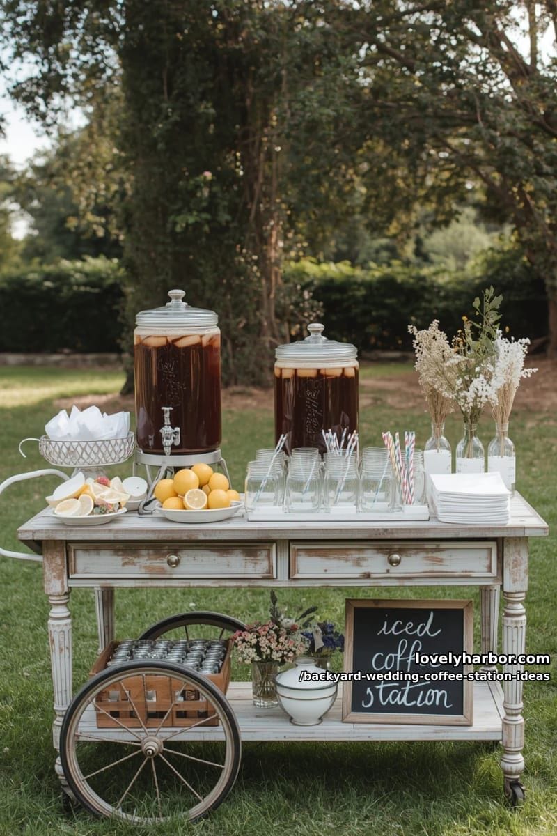 self-serve iced coffee station with mason jars and lemon slices 1