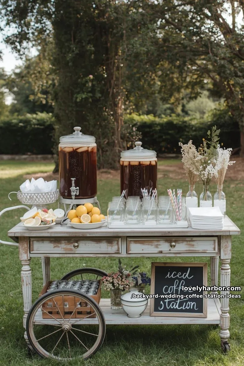 15 Backyard Wedding Coffee Station Ideas For Your Reception 13 self-serve iced coffee station with mason jars and lemon slices 1