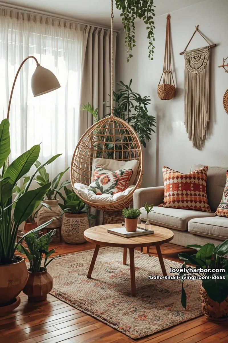 15 Boho Small Living Rooms Ideas That Turn Tiny Spaces Into Cozy Sanctuaries 23 set a hanging egg chair in a corner surrounded by leafy potted plants. 1