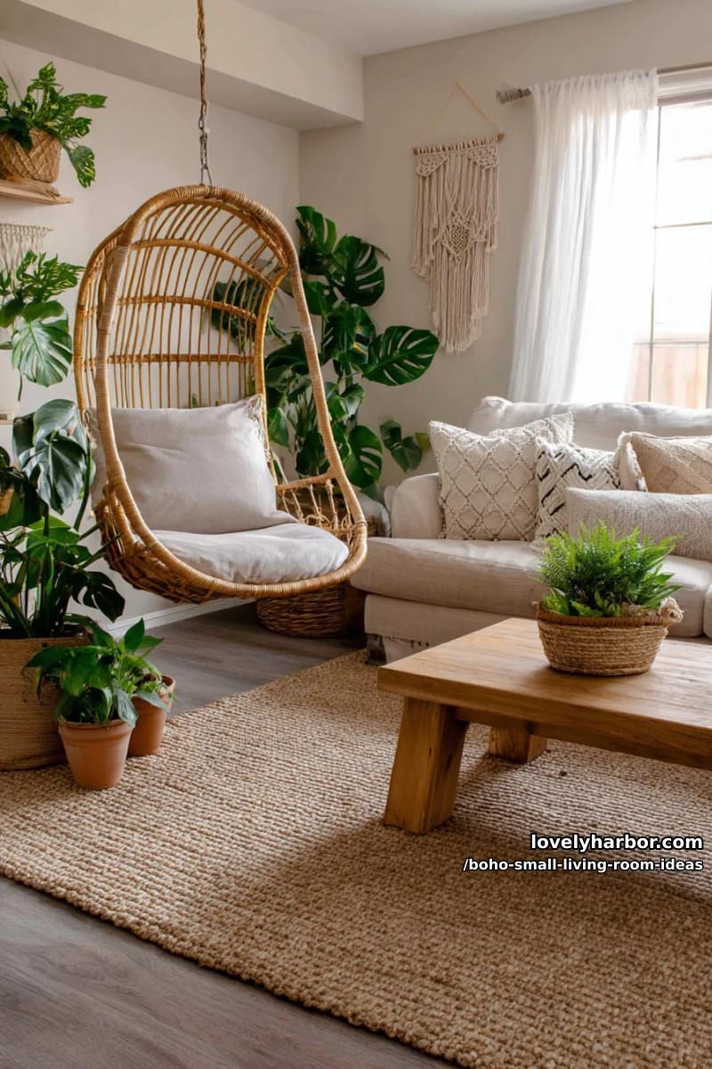 set a hanging egg chair in a corner surrounded by leafy potted plants. 1