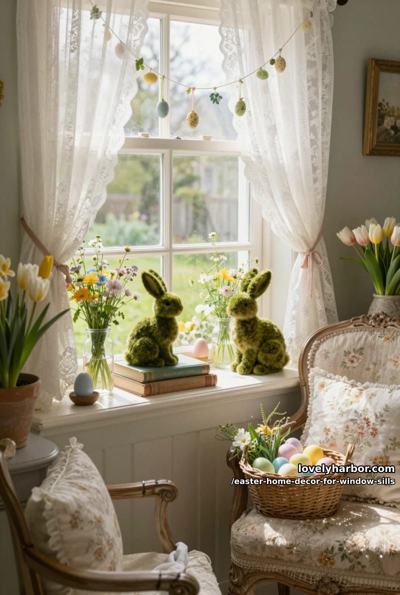 set vintage books topped with moss bunnies and small wildflower bouquets. 1