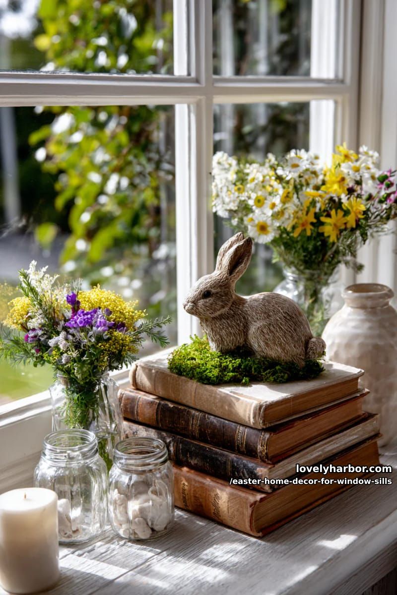set vintage books topped with moss bunnies and small wildflower bouquets. 1