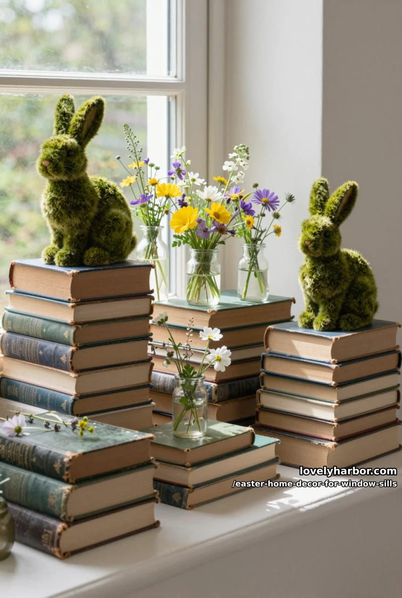 set vintage books topped with moss bunnies and small wildflower bouquets. 1