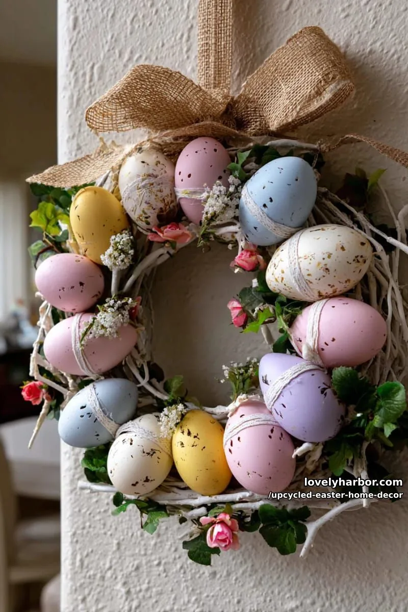 15 Upcycled Easter Home Decor That Give Old Treasures New Life 15 shabby chic egg wreath made from thrifted plastic eggs 1