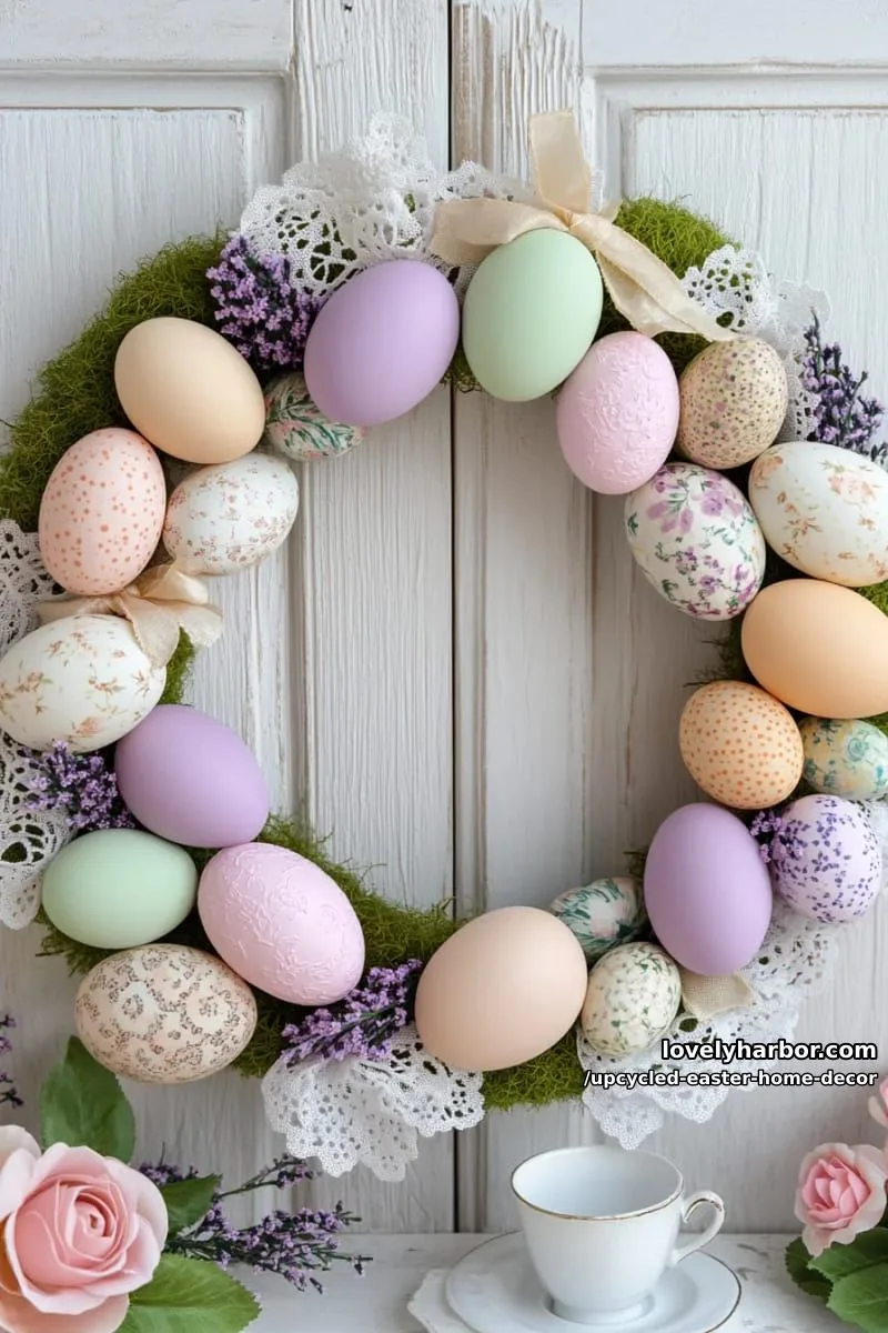 15 Upcycled Easter Home Decor That Give Old Treasures New Life 16 shabby chic egg wreath made from thrifted plastic eggs 1