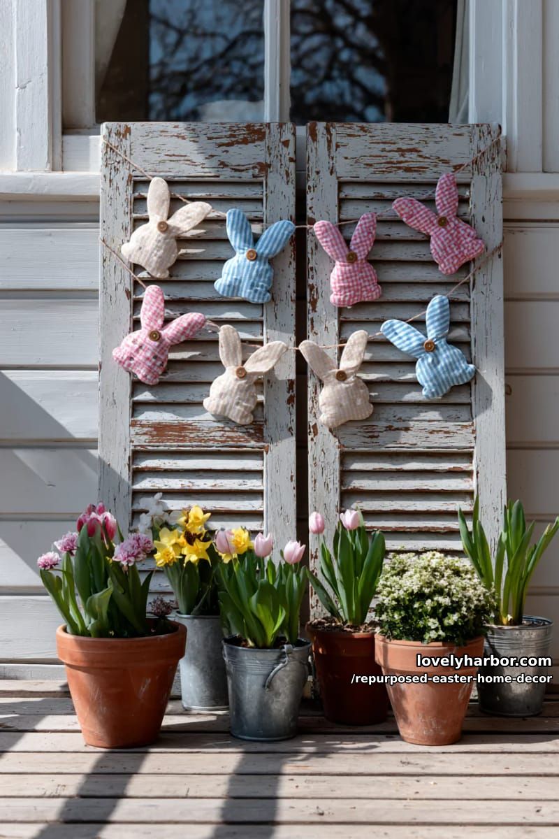 shabby chic window shutters adorned with bunny bunting for porch decor 1