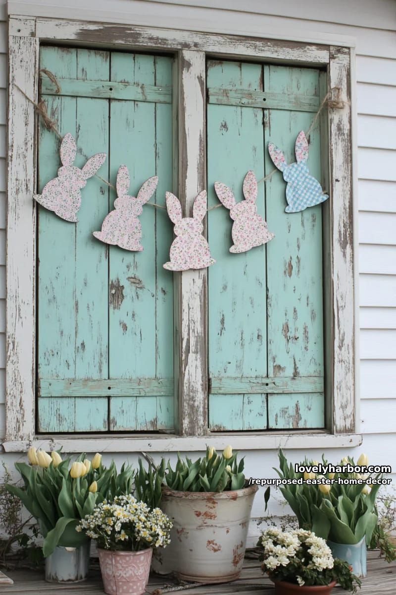 shabby chic window shutters adorned with bunny bunting for porch decor 1
