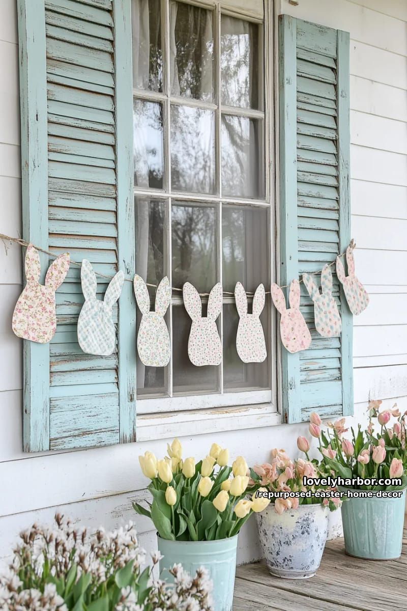 shabby chic window shutters adorned with bunny bunting for porch decor 1