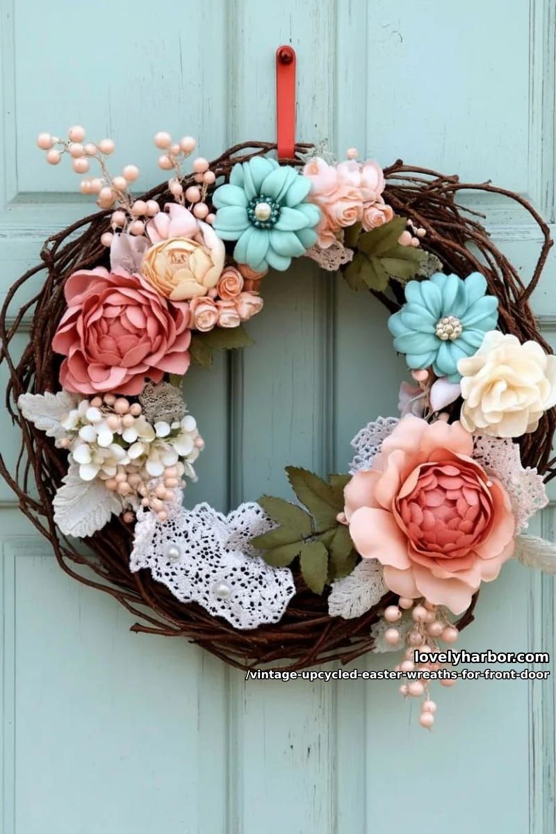 shabby chic wreath with vintage lace, pastel buttons, and upcycled silk flowers 1