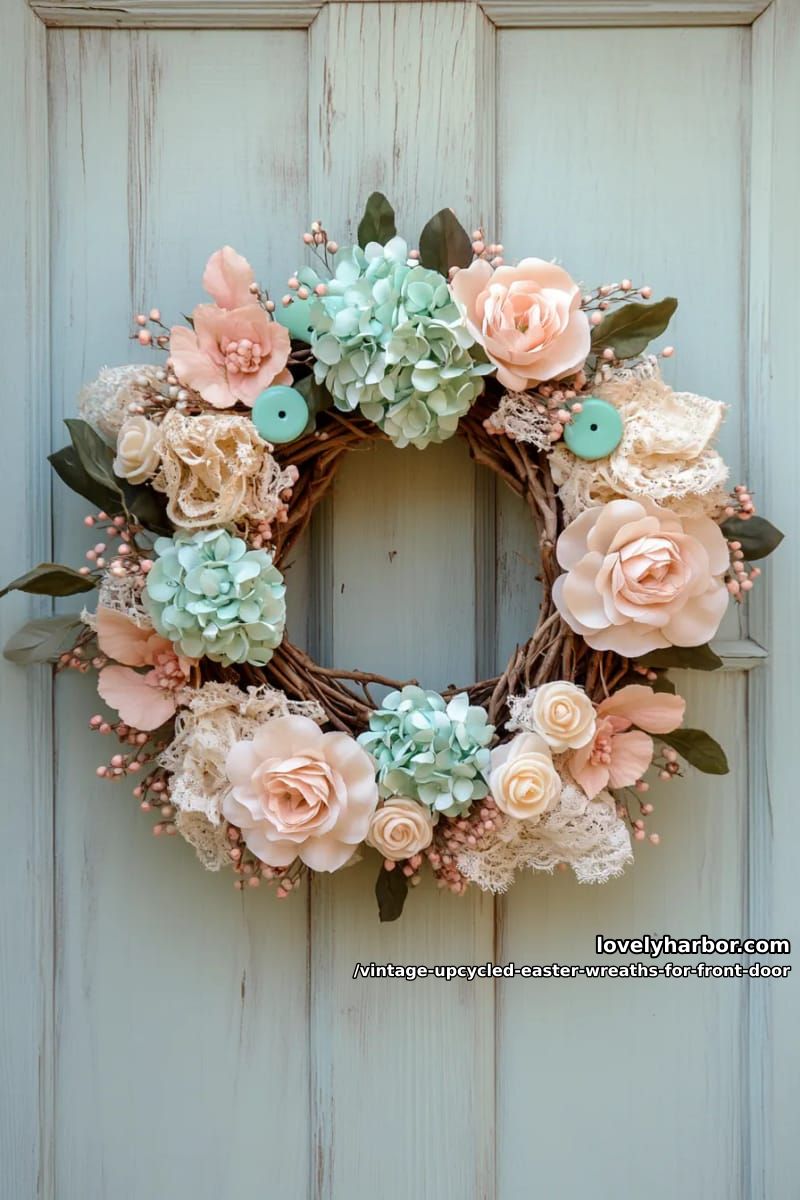 shabby chic wreath with vintage lace, pastel buttons, and upcycled silk flowers 1