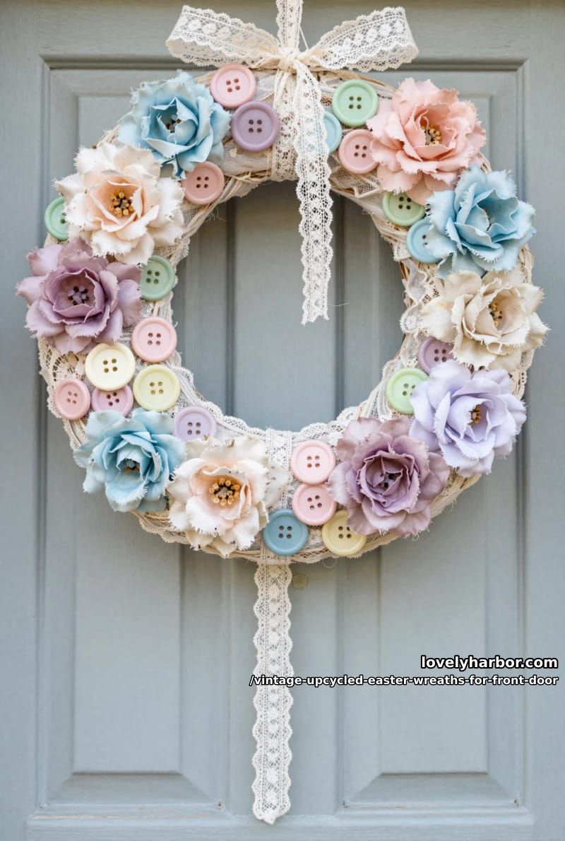 shabby chic wreath with vintage lace, pastel buttons, and upcycled silk flowers 1
