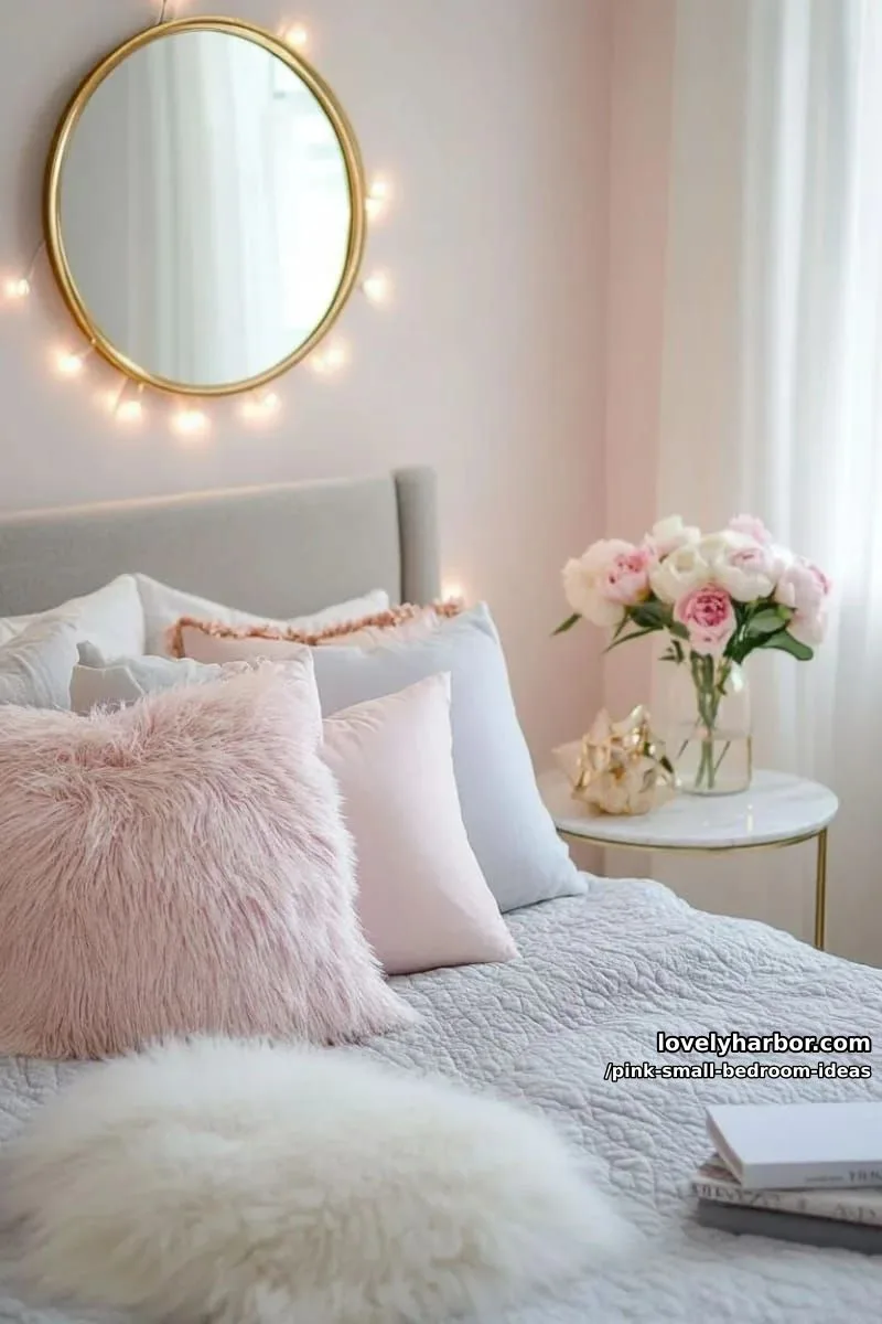 21 Pink Small Bedrooms Ideas You'll Love 20 shaggy blush accent pillow mountain on a light gray bedspread 1
