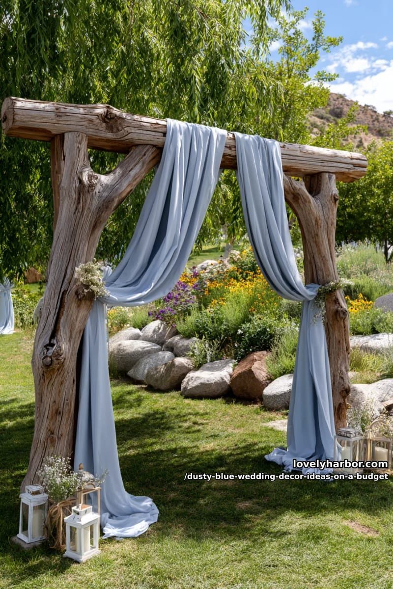sheer dusty blue fabric draped across rustic wooden archways outdoors 1