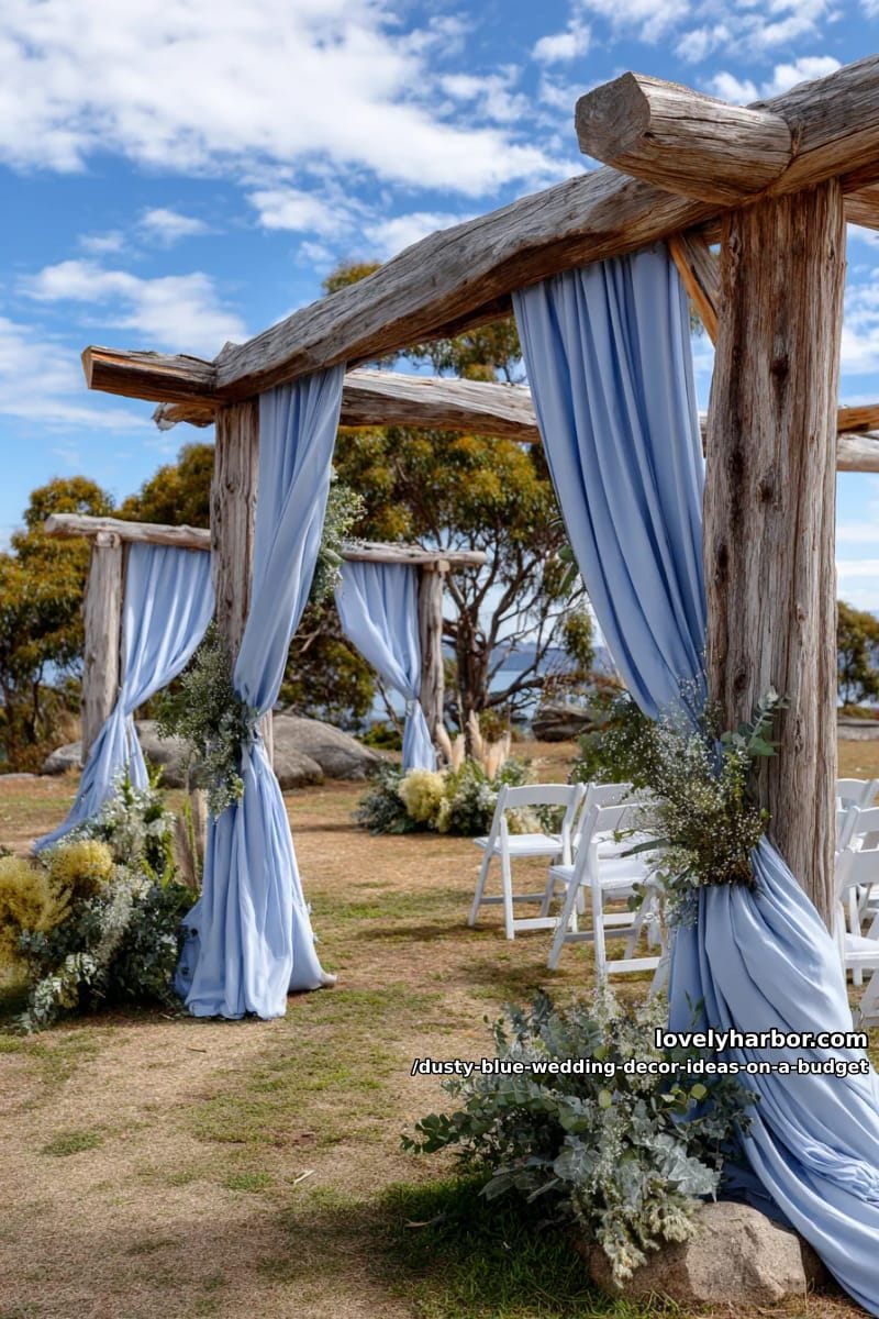sheer dusty blue fabric draped across rustic wooden archways outdoors 1