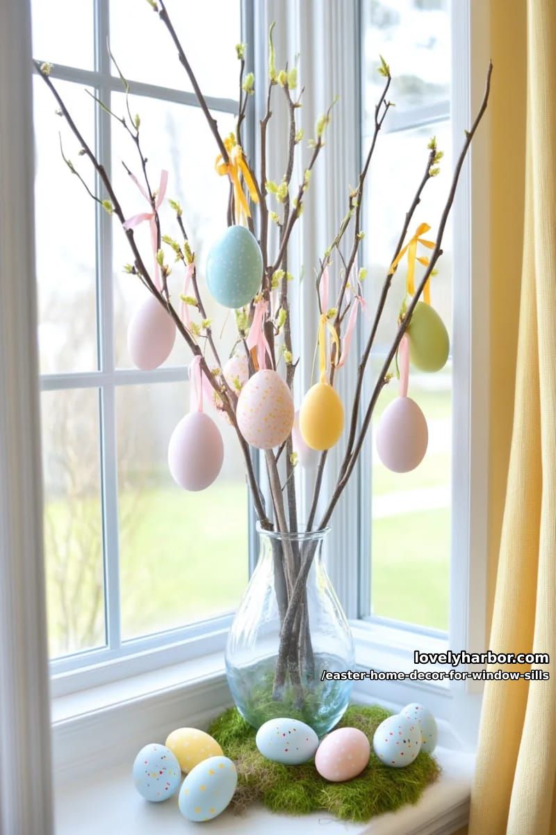 showcase willow branches in a vase with suspended painted easter eggs. 1