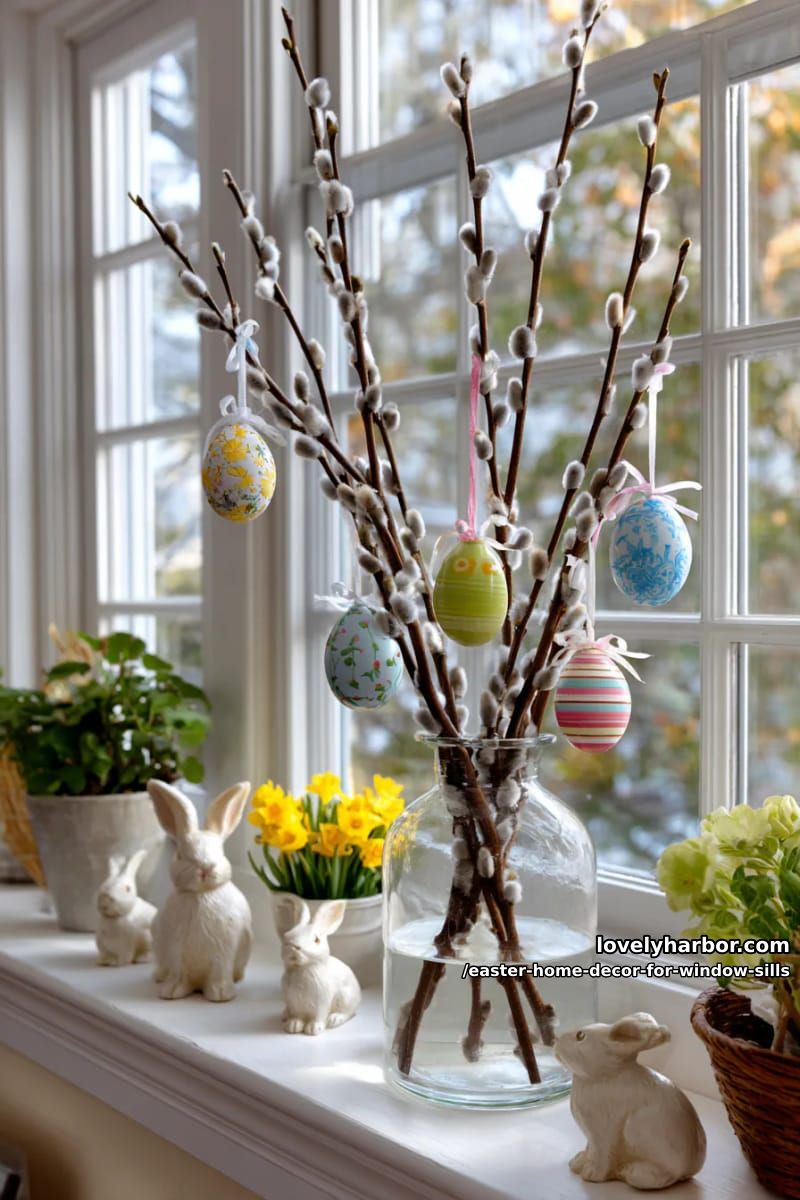 showcase willow branches in a vase with suspended painted easter eggs. 1