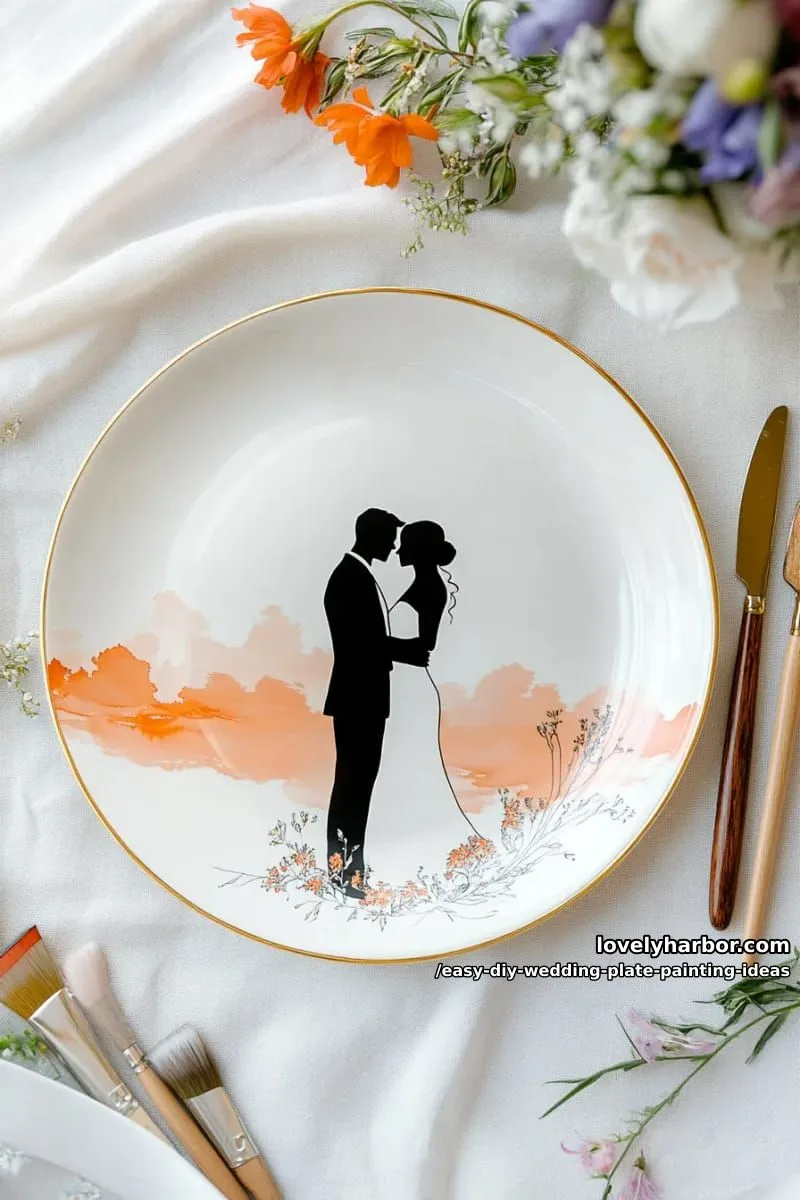 silhouette of bride and groom under a sunset ombré sky 1