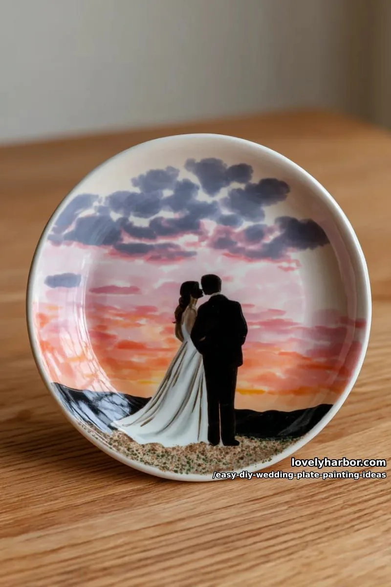 silhouette of bride and groom under a sunset ombré sky 1