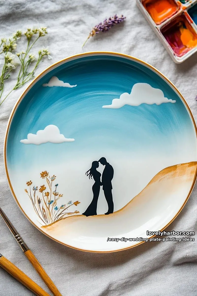 silhouette of bride and groom under a sunset ombré sky 1