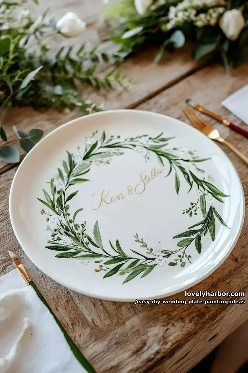 simple botanical wreath encircling the couple’s names 1