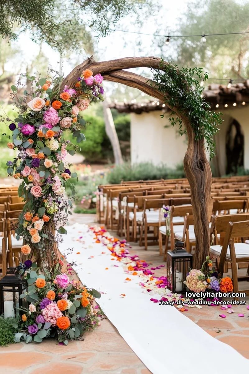 simple driftwood wedding arch decorated with eucalyptus and wildflowers 1