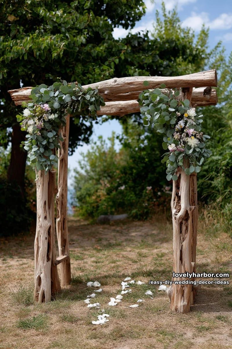 simple driftwood wedding arch decorated with eucalyptus and wildflowers 1
