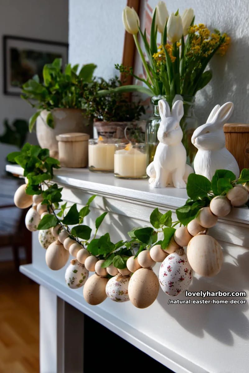 simple garland of wooden beads, greenery, and hand-painted eggs 1