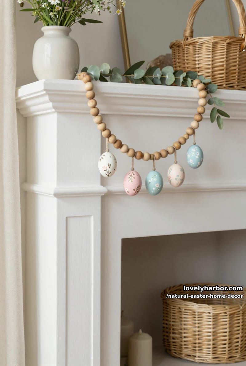 simple garland of wooden beads, greenery, and hand-painted eggs 1