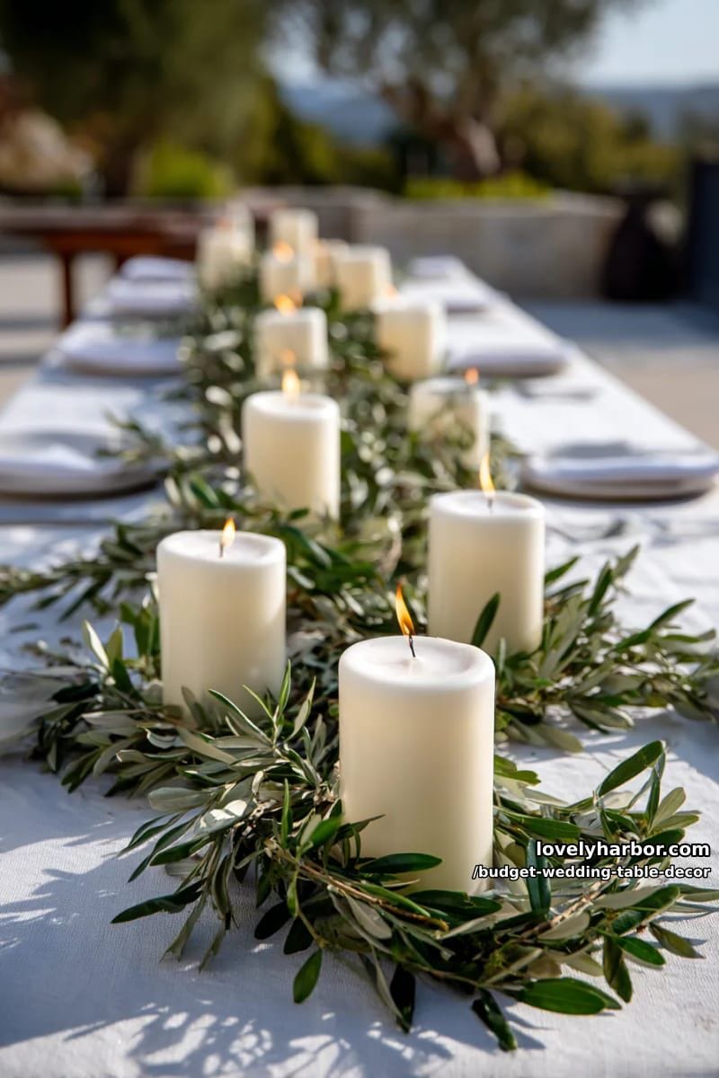 simple olive branch garlands weaving between pillar candles for mediterranean elegance 1