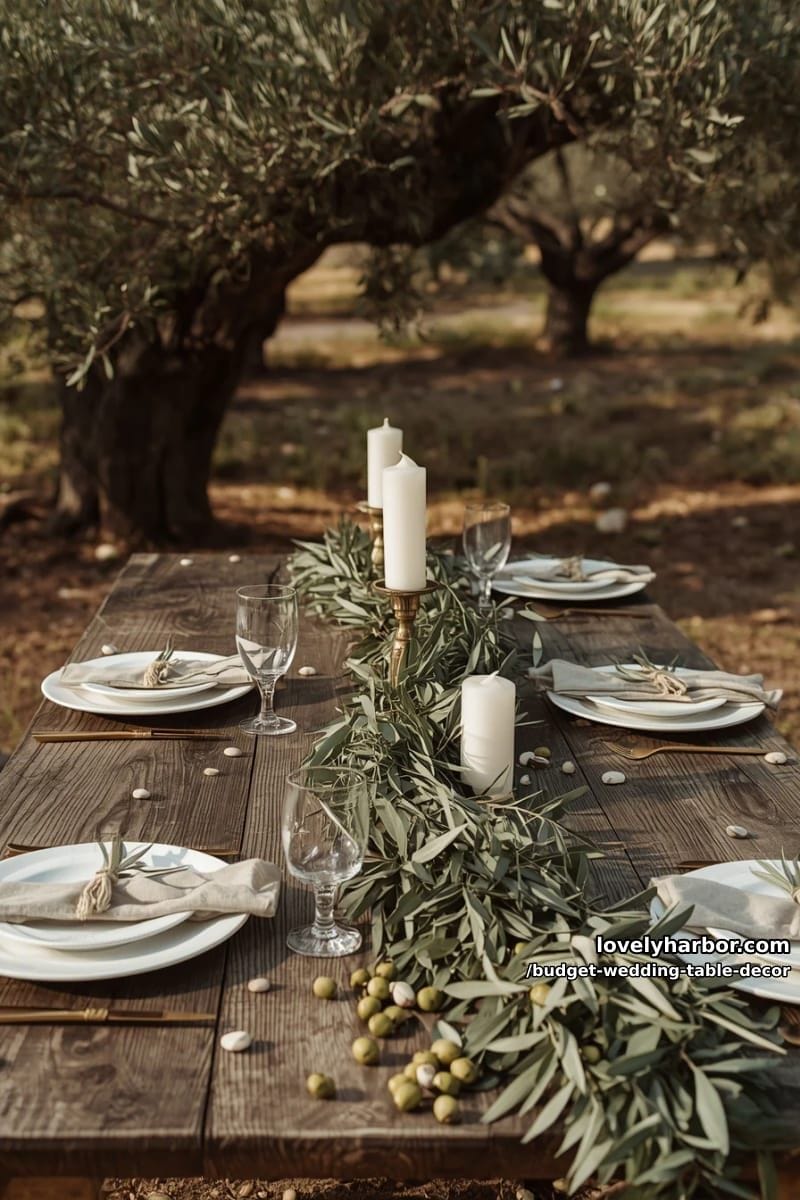 simple olive branch garlands weaving between pillar candles for mediterranean elegance 1