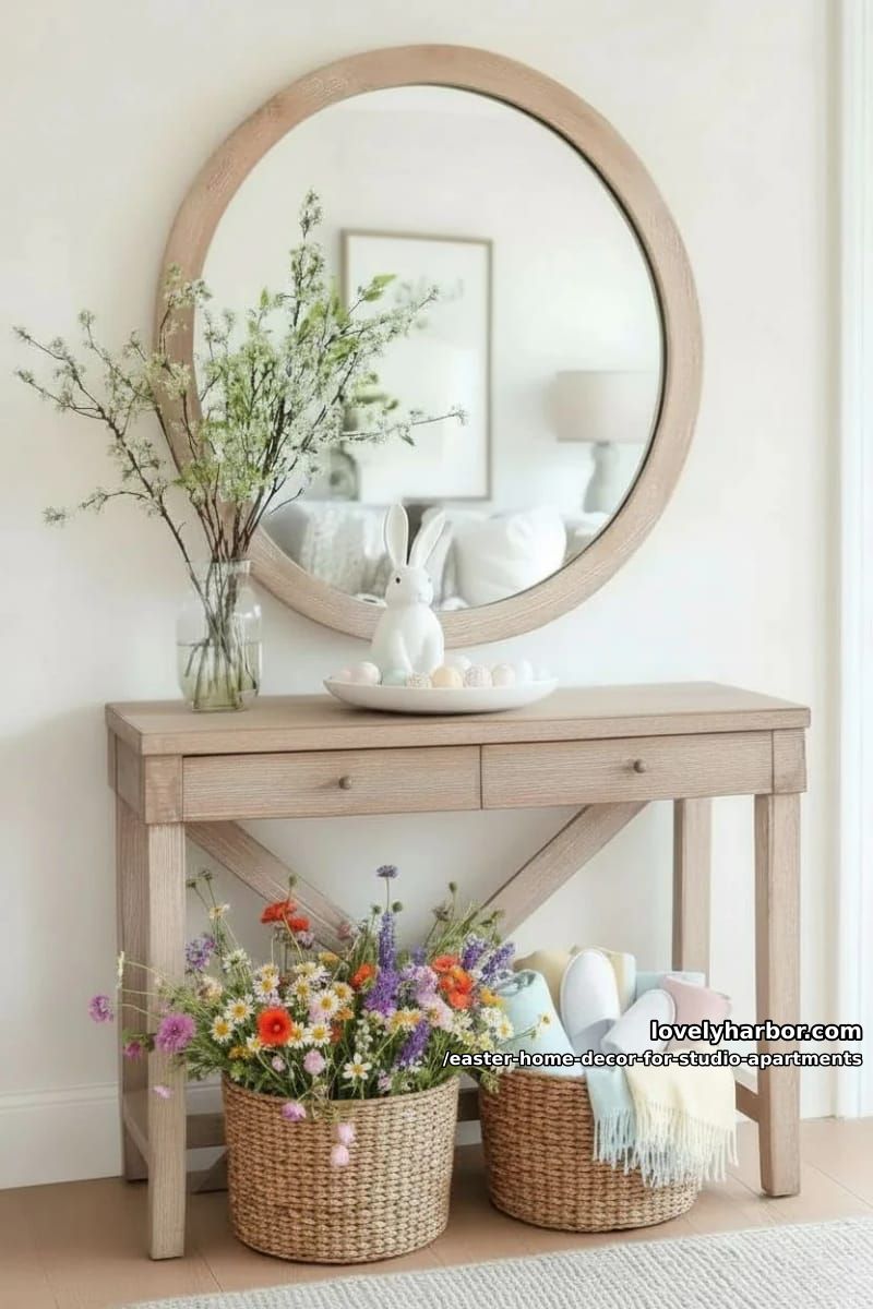 simple white ceramic bunny and mini egg cluster on entryway table 1