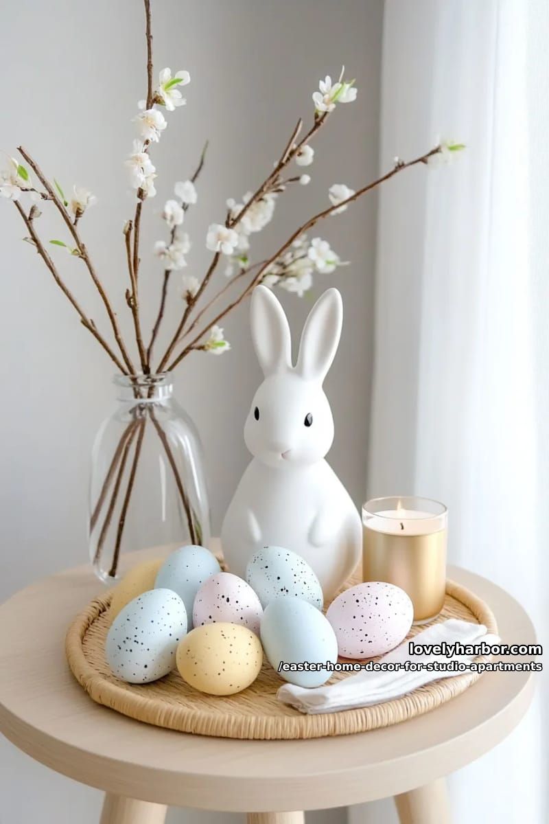 simple white ceramic bunny and mini egg cluster on entryway table 1