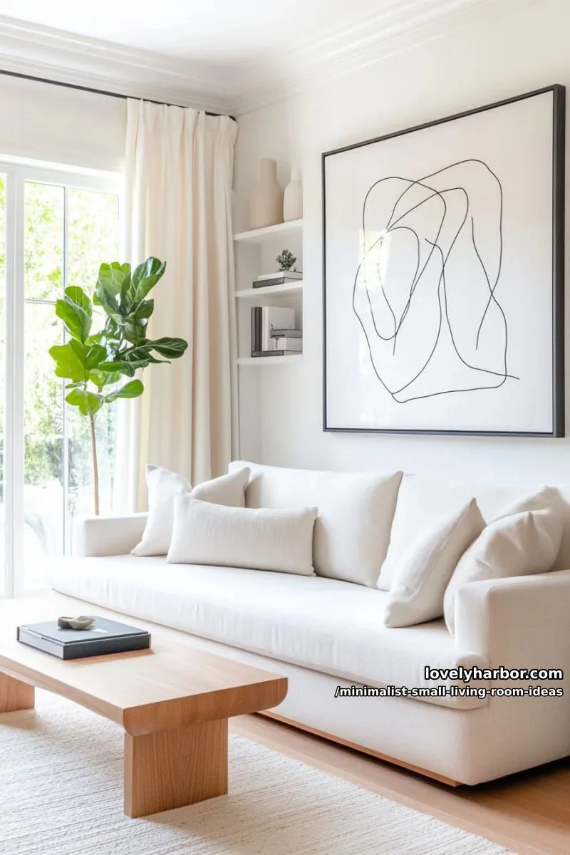 simple white sofa, oversized leafy plant, and abstract line art 1