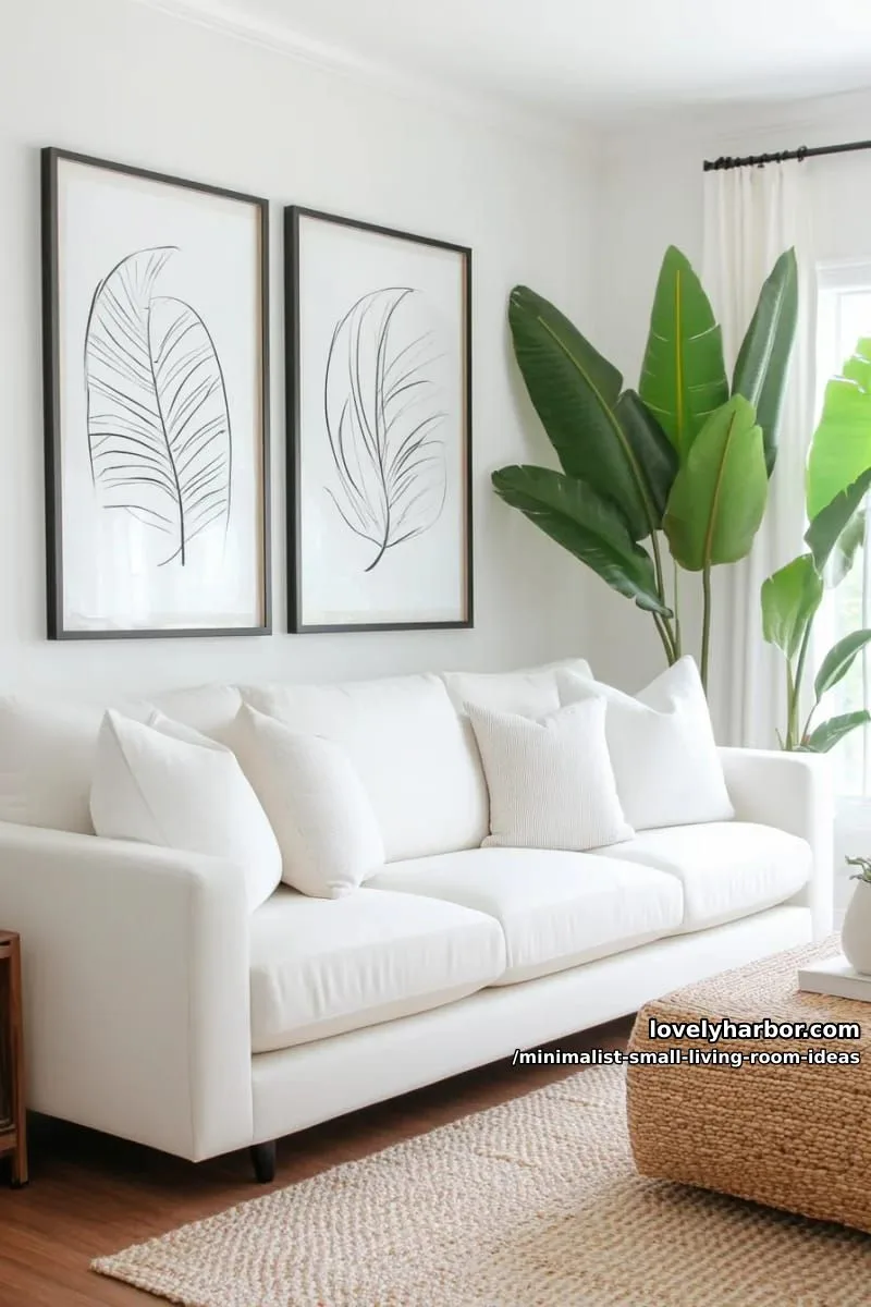 simple white sofa, oversized leafy plant, and abstract line art 1