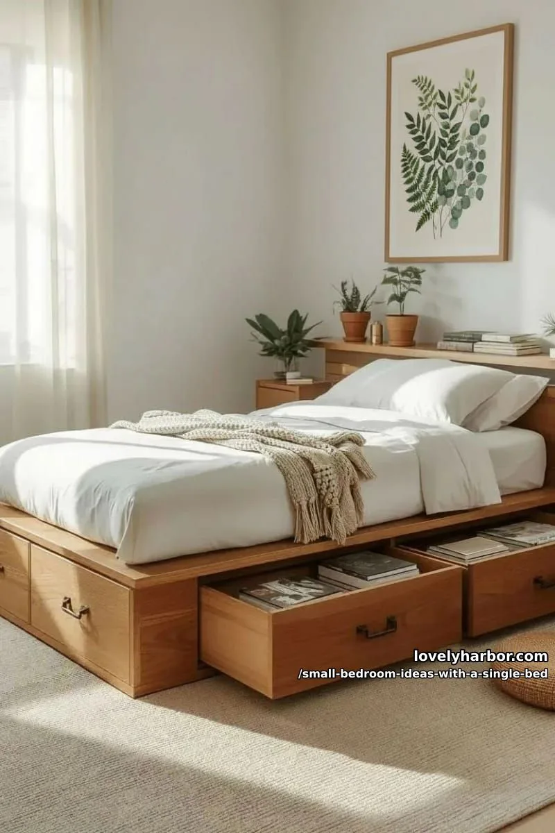 single bed on a platform with deep pull-out storage drawers underneath. 1