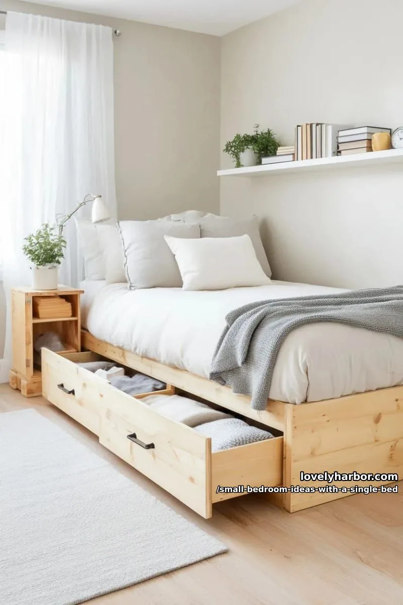 single bed on a platform with deep pull-out storage drawers underneath. 1