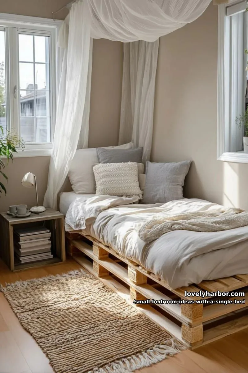 single bed on wooden slats, surrounded by curtain canopy for dreamy privacy. 1