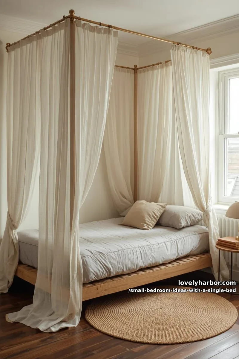 single bed on wooden slats, surrounded by curtain canopy for dreamy privacy. 1