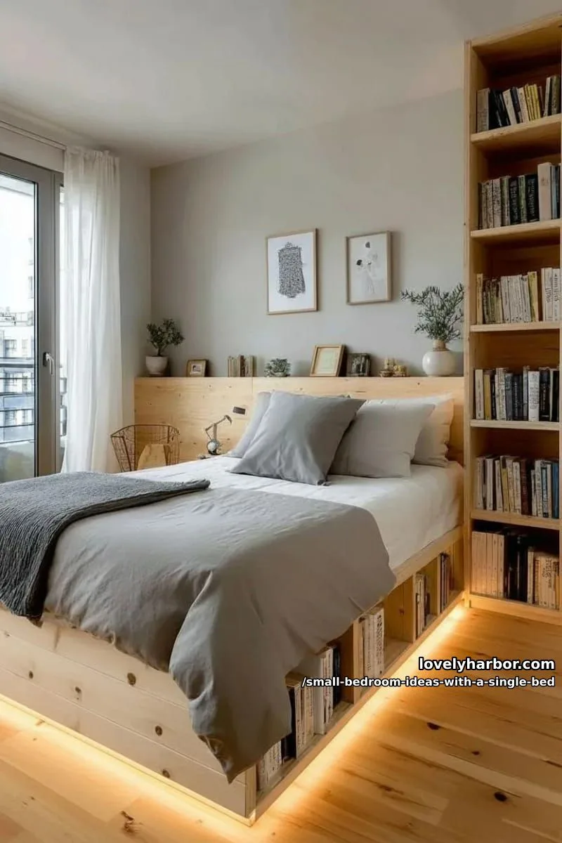 single bed with built-in bookshelves and led strip lighting underneath. 1