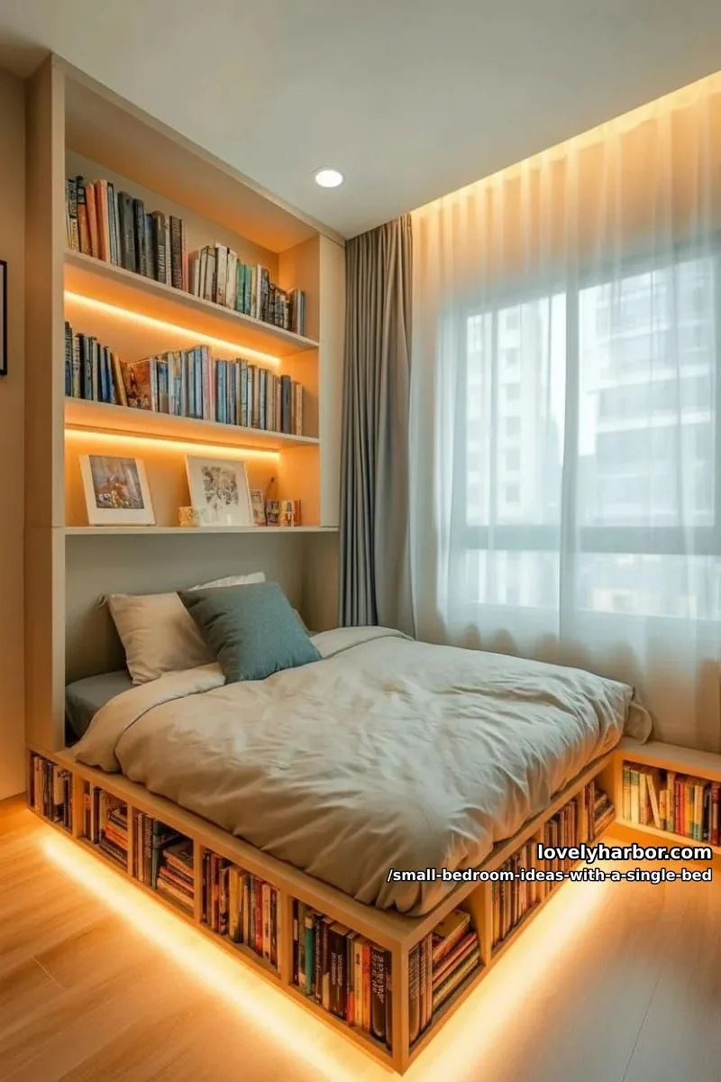 single bed with built-in bookshelves and led strip lighting underneath. 1