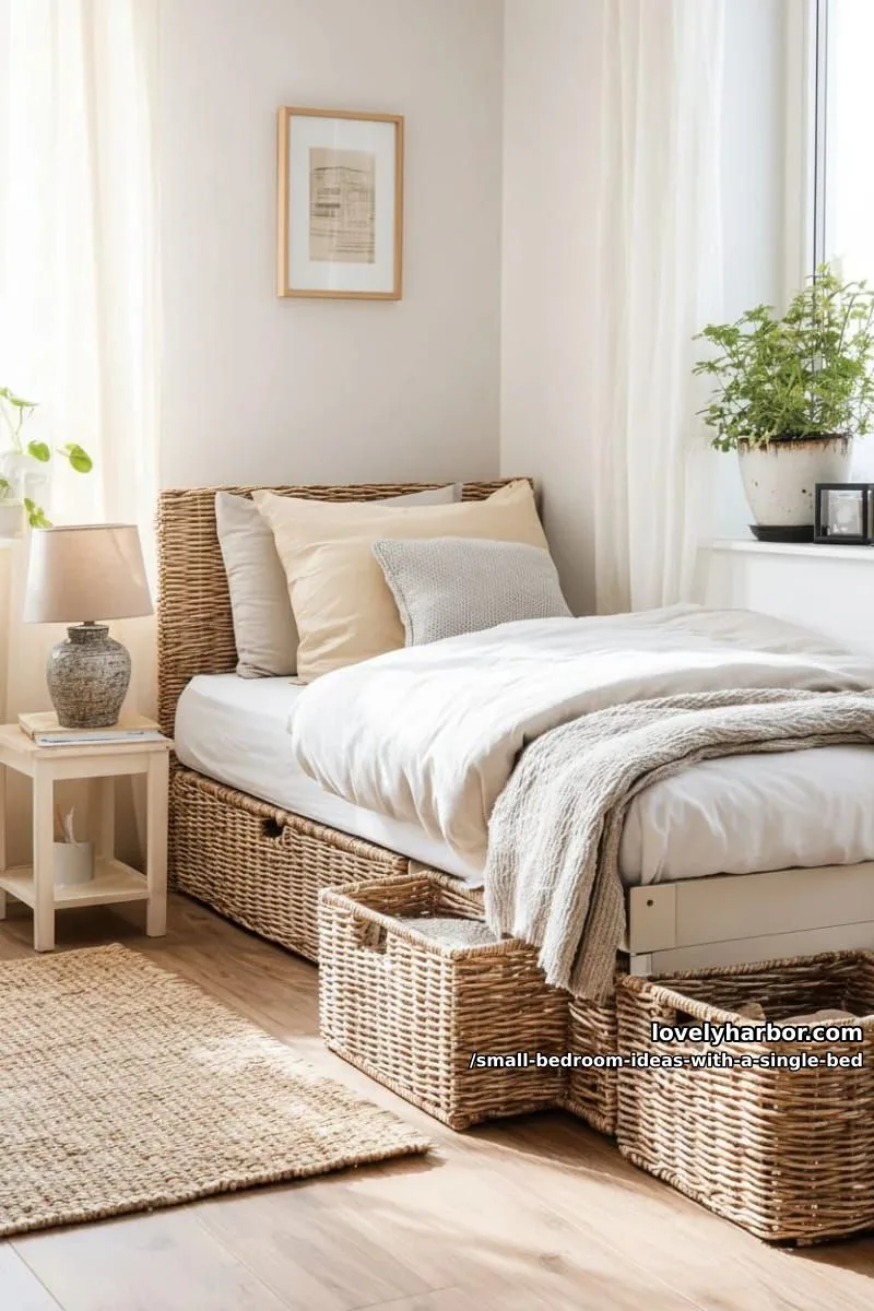single bed with rattan headboard and matching basket drawers beneath. 1