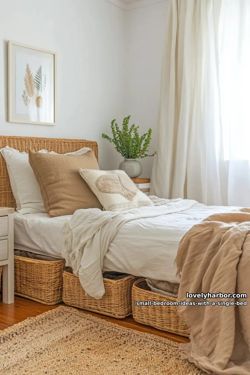 single bed with rattan headboard and matching basket drawers beneath. 1