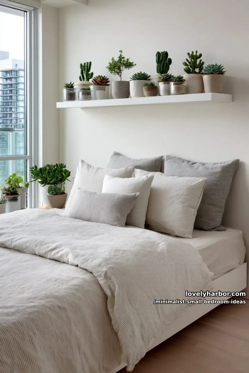 single floating shelf above bed displaying tiny potted plants 1